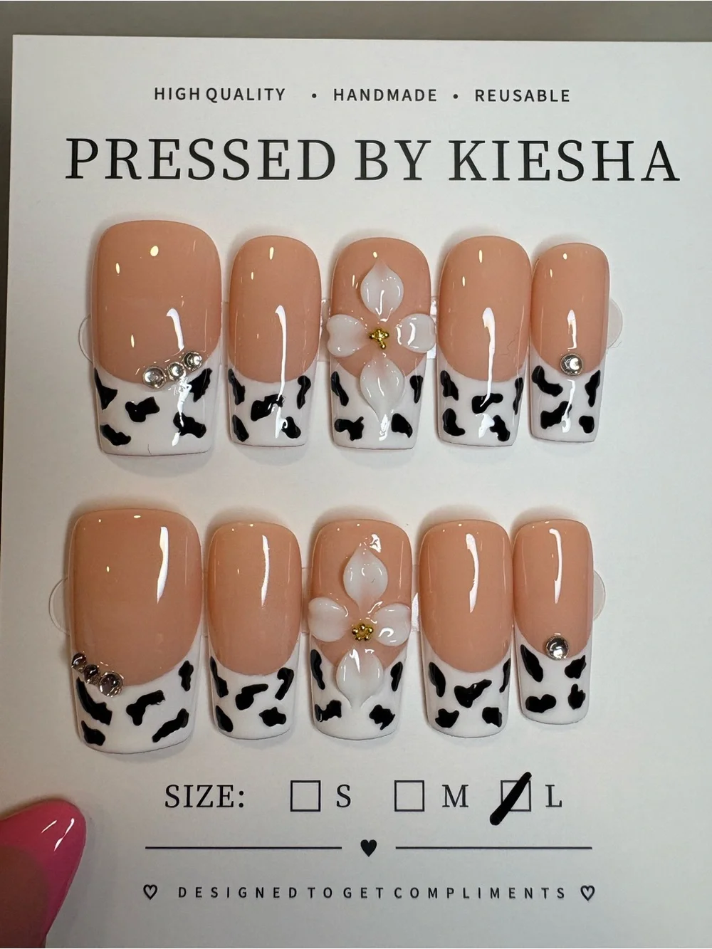 Nude & Black Cow Print Press-On Nails with Floral Accent